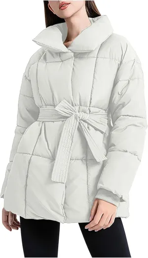 Womens Puffer Jacket Trendy Warm Thick Winter Down Coat Casual Lapel Puffy Padded Quilted Jacket Outwear with Belt