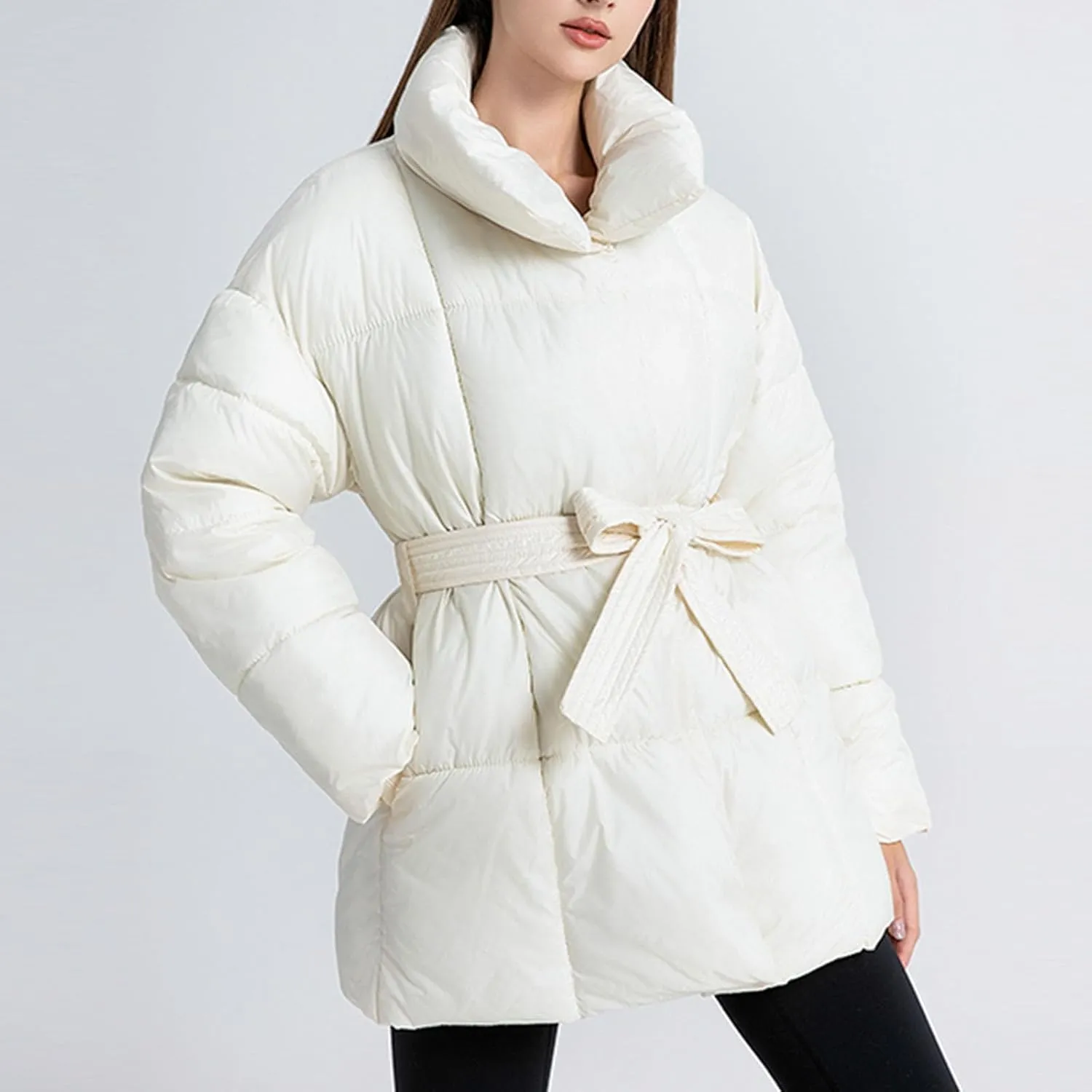 Womens Puffer Jacket Trendy Warm Thick Winter Down Coat Casual Lapel Puffy Padded Quilted Jacket Outwear with Belt
