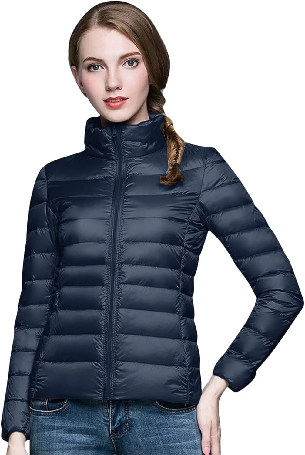 Womens Puffer Jacket Warm Hooded Down Jacket Packable Short Fall Jacket Zip Cardigan Winter Coats with Pockets