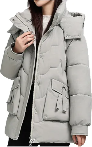 Womens Puffer Jacket with Hood Oversized Down Jacket Zip up Padded Coat Quilted Insulated Jacket Fashion Outerwear