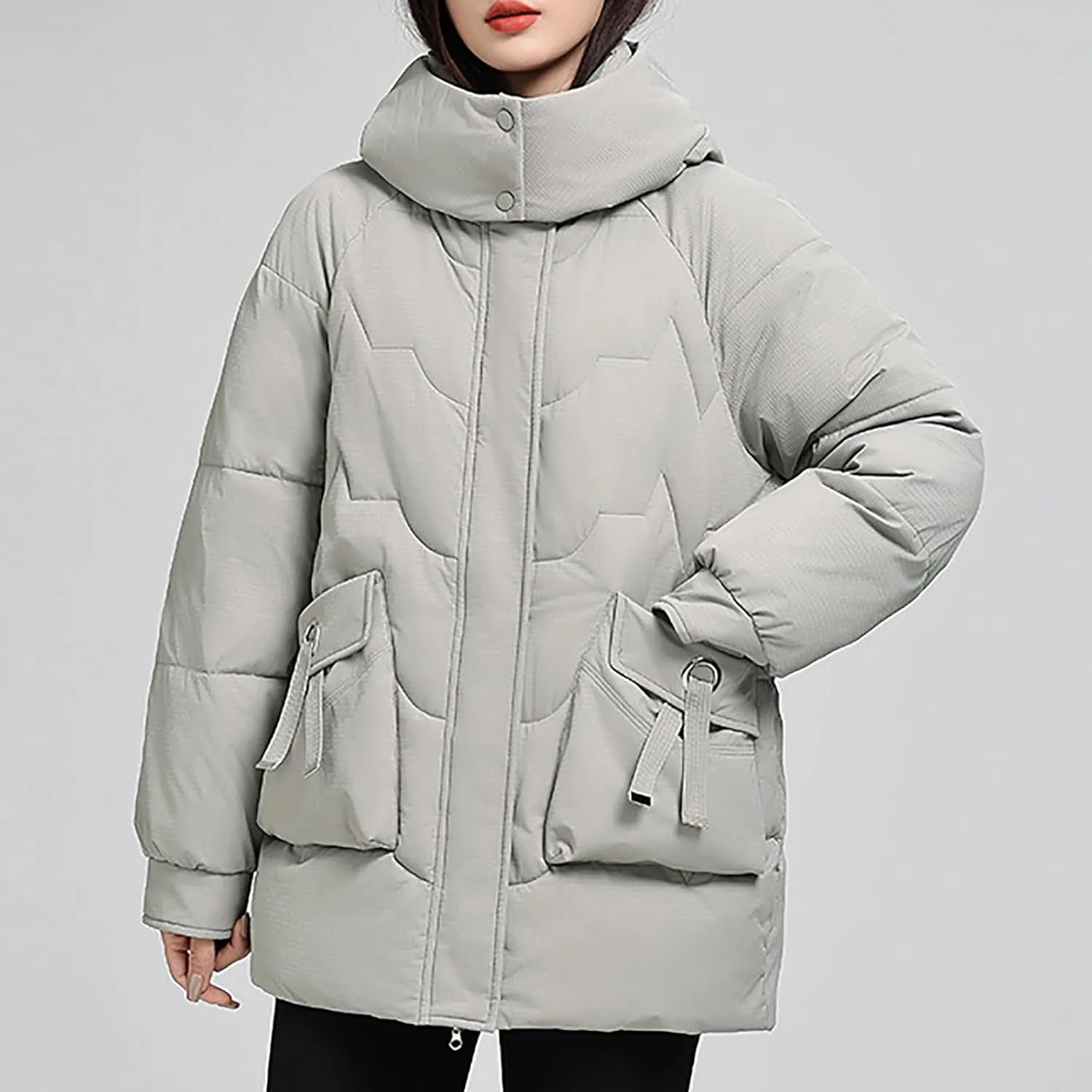 Womens Puffer Jacket with Hood Oversized Down Jacket Zip up Padded Coat Quilted Insulated Jacket Fashion Outerwear