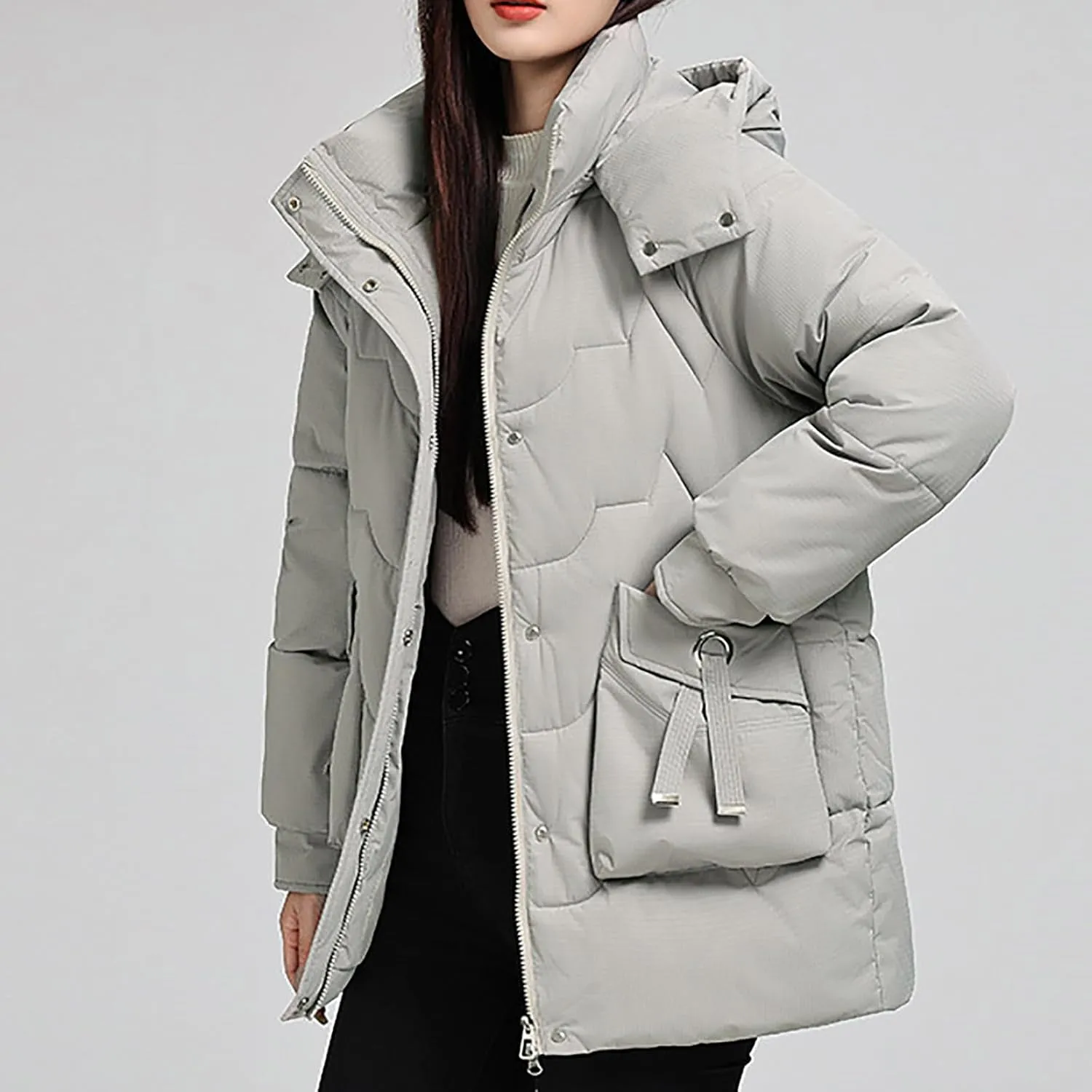 Womens Puffer Jacket with Hood Oversized Down Jacket Zip up Padded Coat Quilted Insulated Jacket Fashion Outerwear