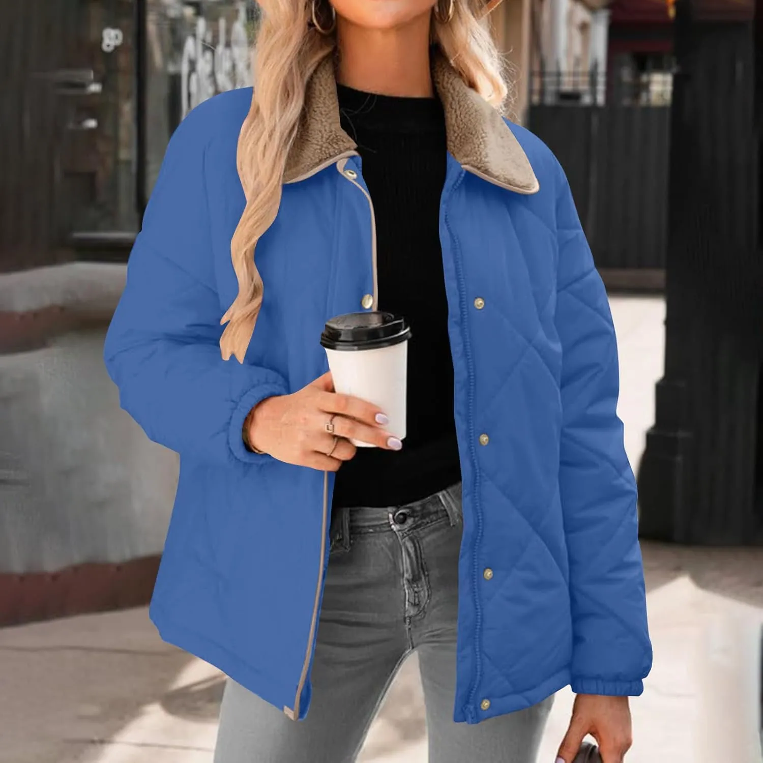 Womens Quilted Jackets Lightweight Fashion Fur Lapel Zip Button Long Sleeve Puffer Down Winter Warm Casual Jacket
