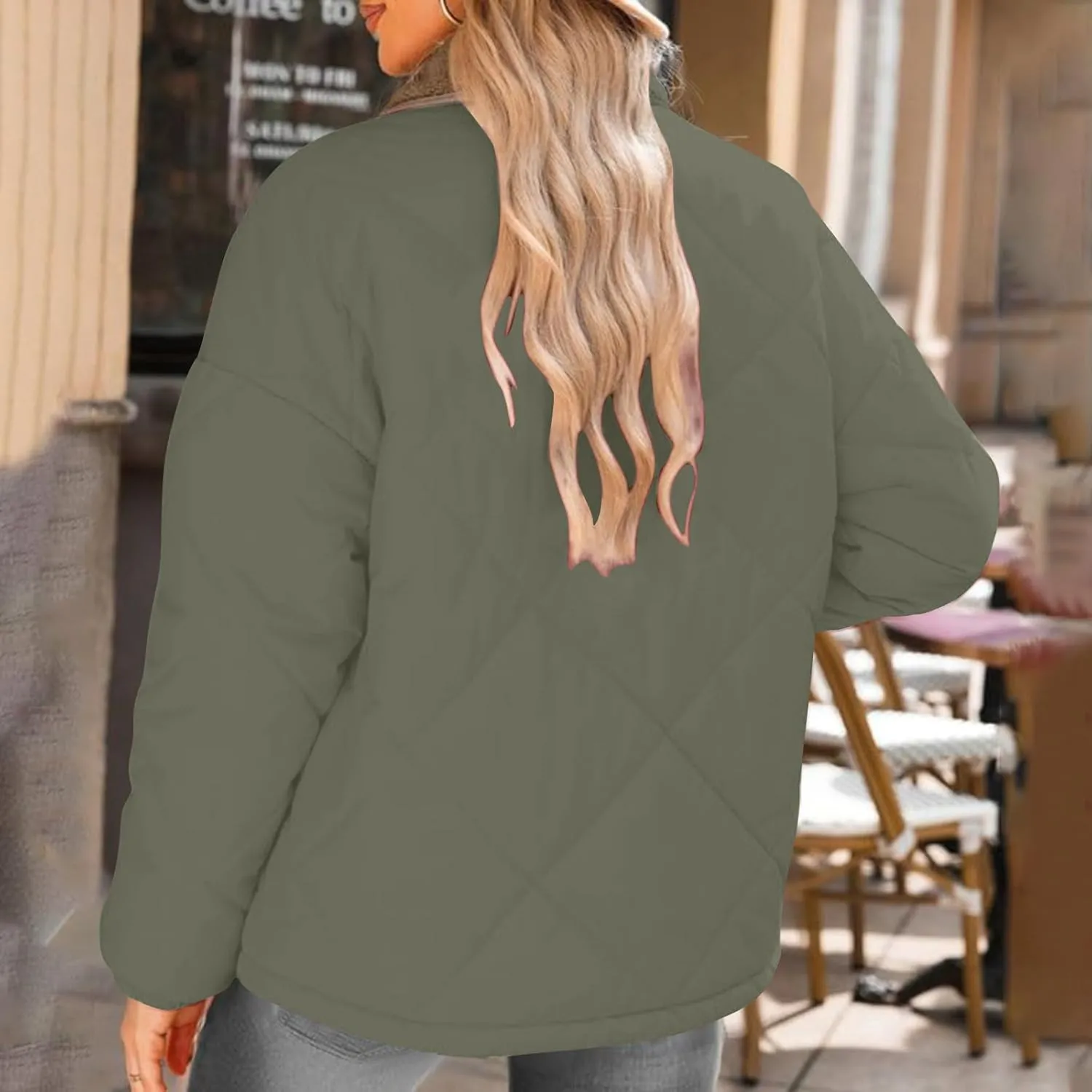Womens Quilted Jackets Lightweight Fashion Fur Lapel Zip Button Long Sleeve Puffer Down Winter Warm Casual Jacket