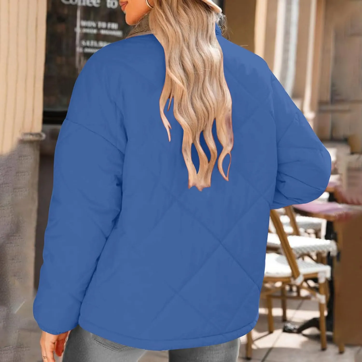 Womens Quilted Jackets Lightweight Fashion Fur Lapel Zip Button Long Sleeve Puffer Down Winter Warm Casual Jacket