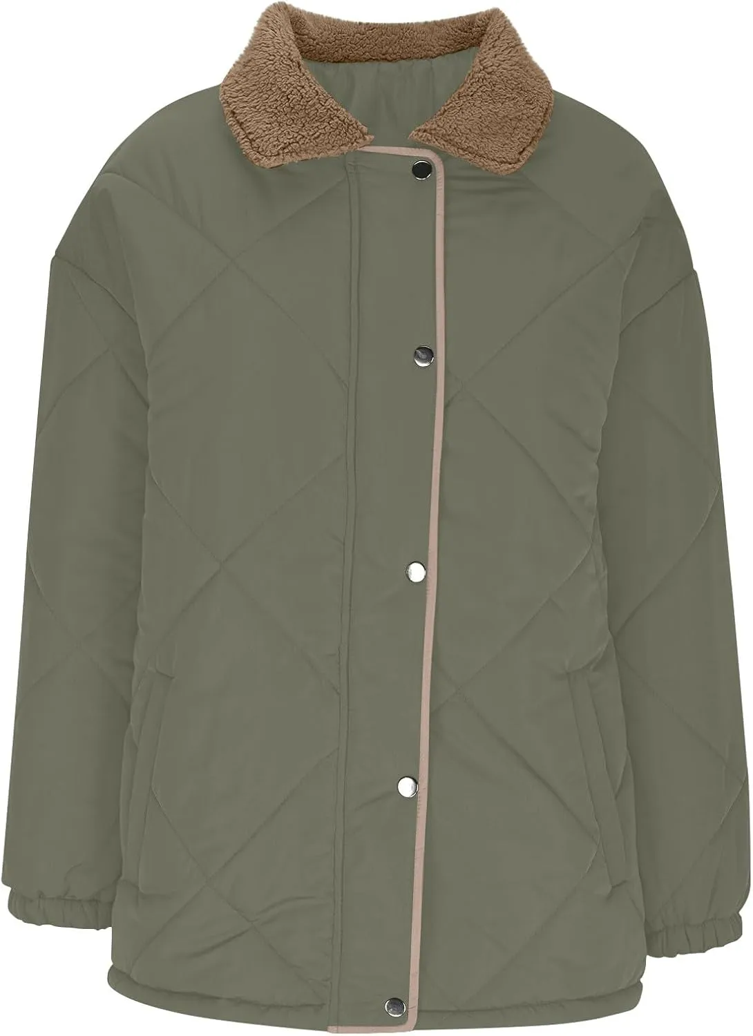 Womens Quilted Jackets Lightweight Fashion Fur Lapel Zip Button Long Sleeve Puffer Down Winter Warm Casual Jacket