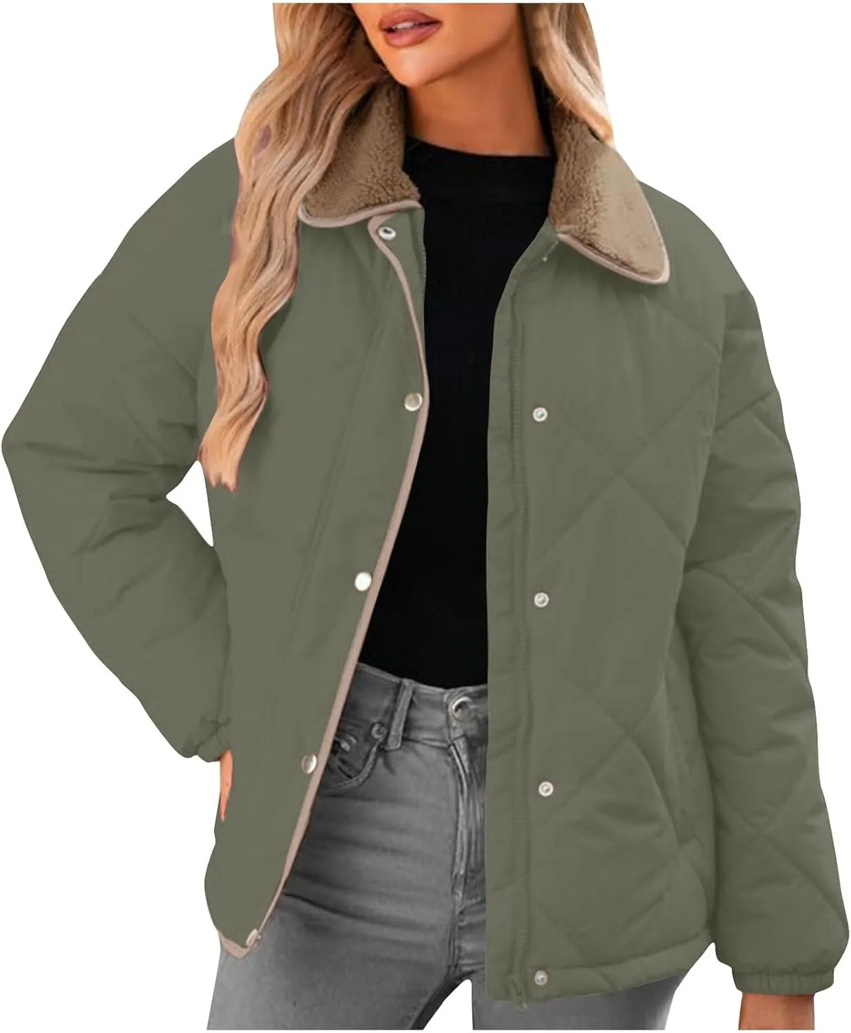 Womens Quilted Jackets Lightweight Fashion Fur Lapel Zip Button Long Sleeve Puffer Down Winter Warm Casual Jacket