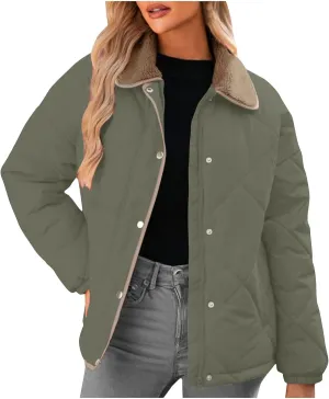Womens Quilted Jackets Lightweight Fashion Fur Lapel Zip Button Long Sleeve Puffer Down Winter Warm Casual Jacket