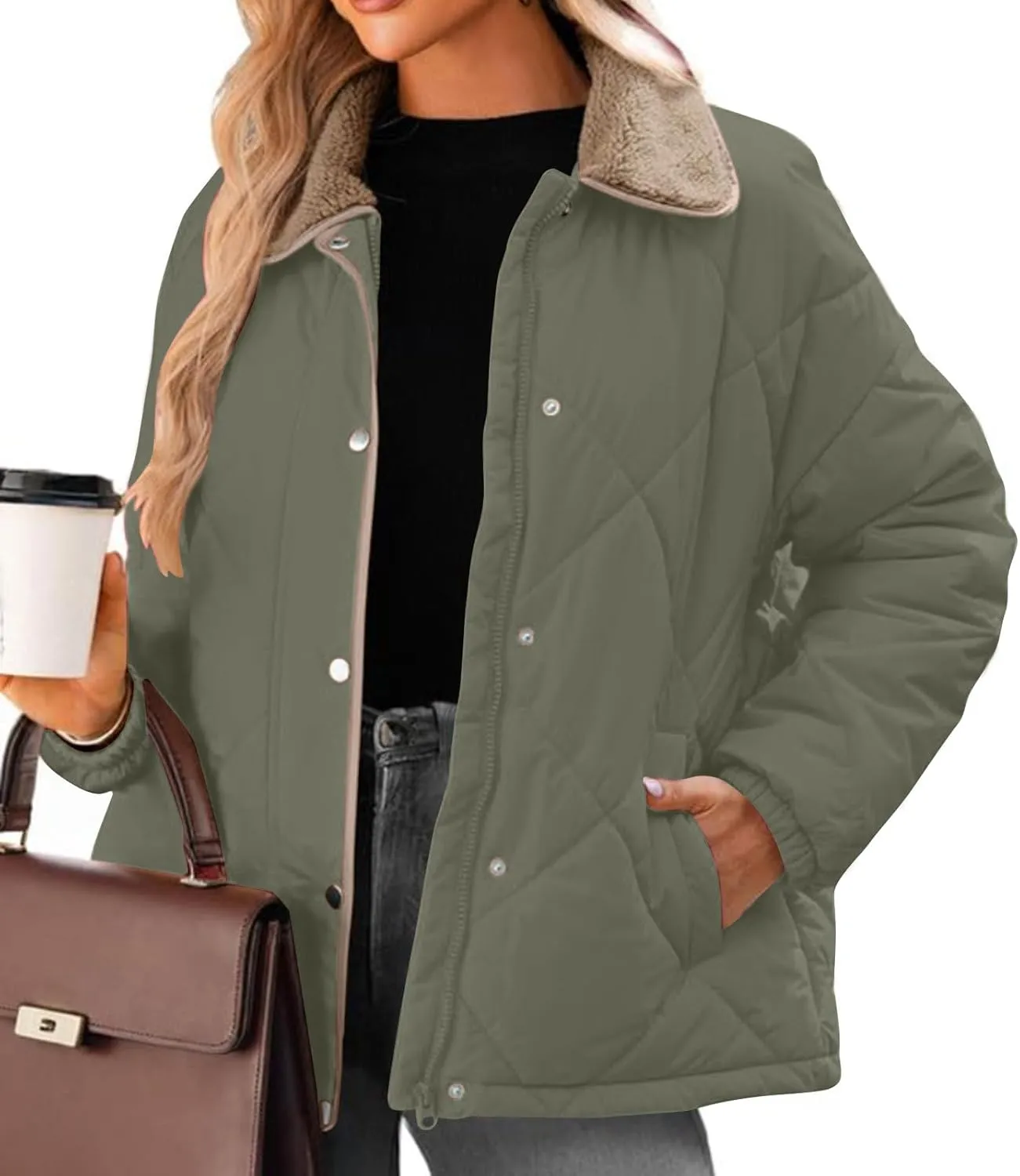 Womens Quilted Jackets Lightweight Fashion Fur Lapel Zip Button Long Sleeve Puffer Down Winter Warm Casual Jacket