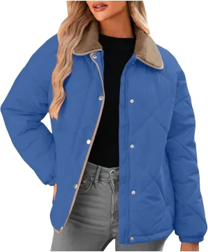 Womens Quilted Jackets Lightweight Fashion Fur Lapel Zip Button Long Sleeve Puffer Down Winter Warm Casual Jacket