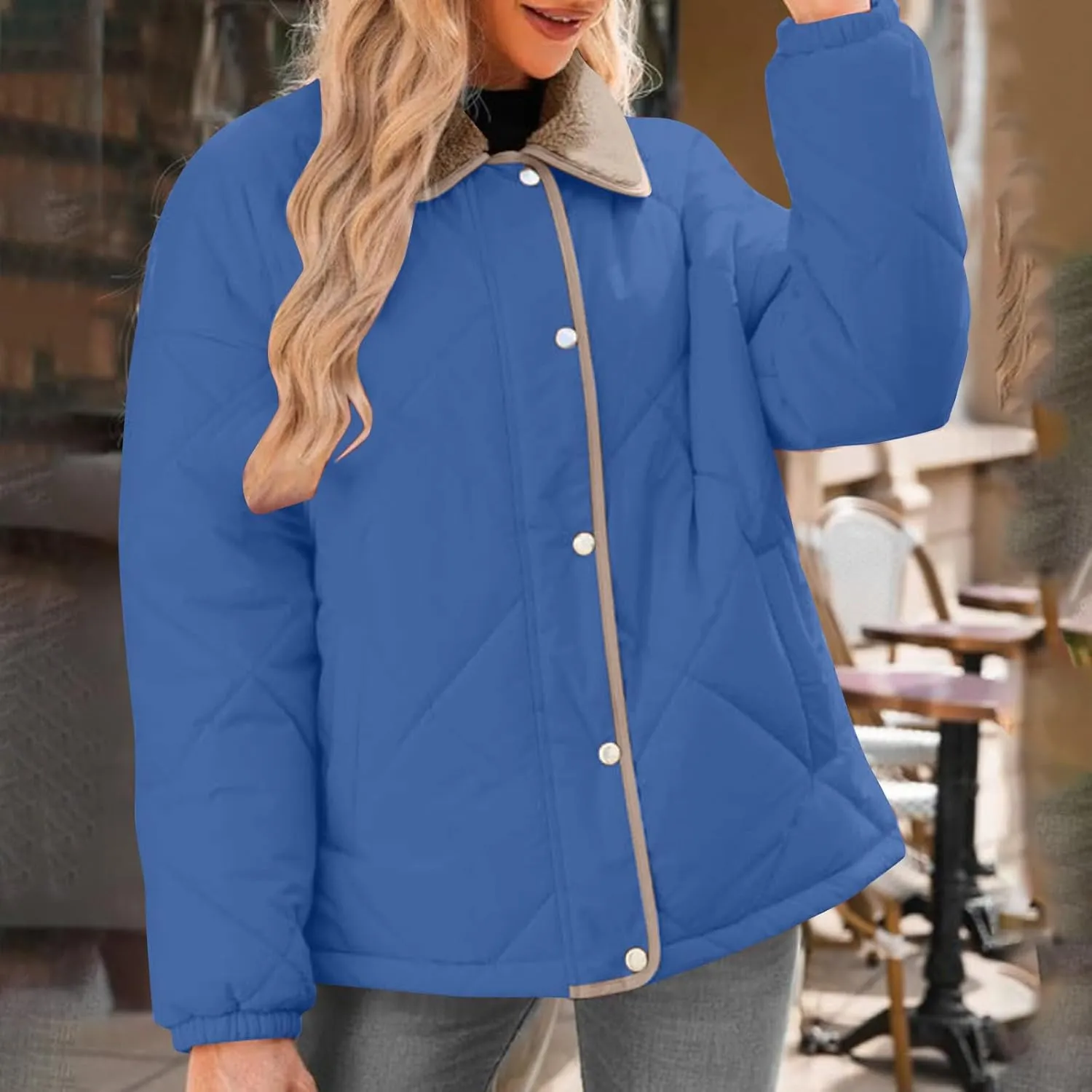 Womens Quilted Jackets Lightweight Fashion Fur Lapel Zip Button Long Sleeve Puffer Down Winter Warm Casual Jacket