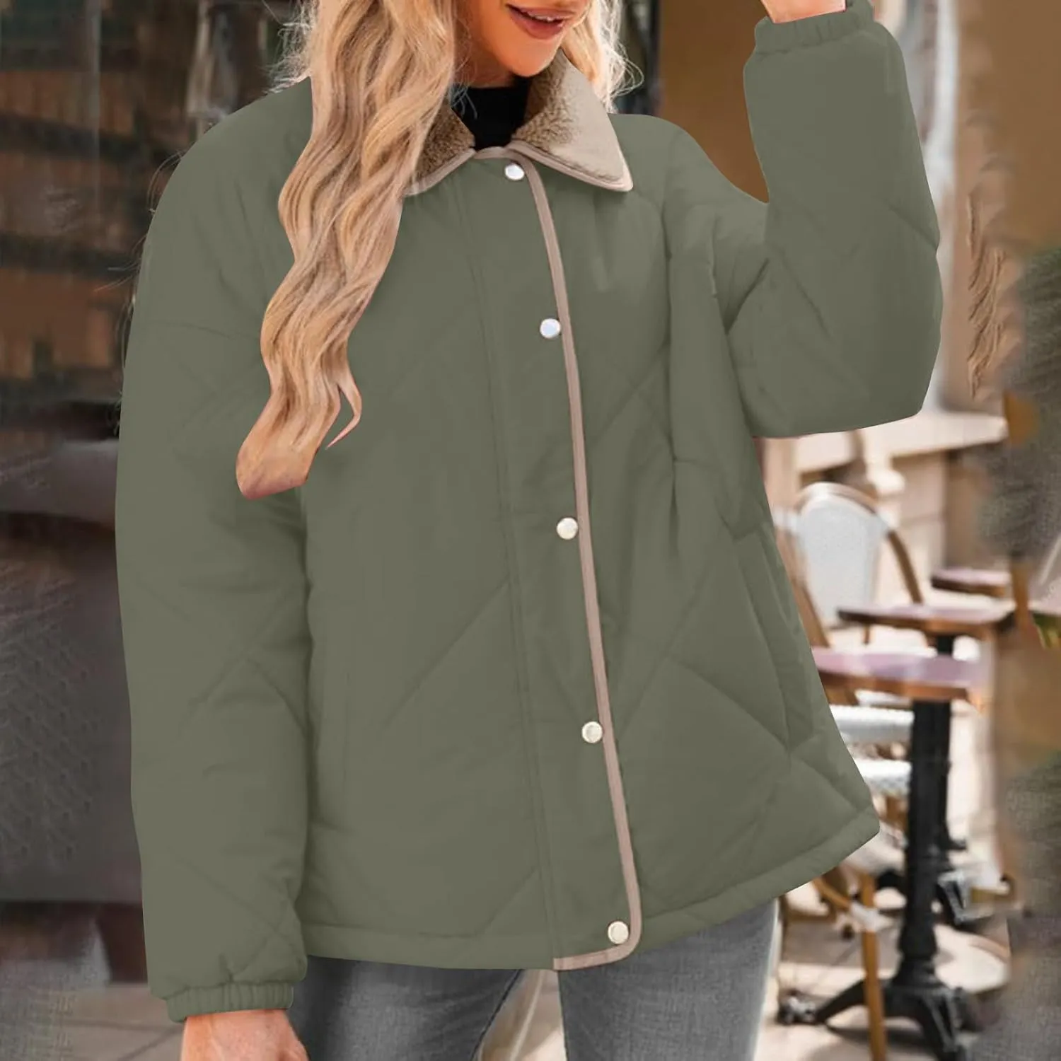 Womens Quilted Jackets Lightweight Fashion Fur Lapel Zip Button Long Sleeve Puffer Down Winter Warm Casual Jacket