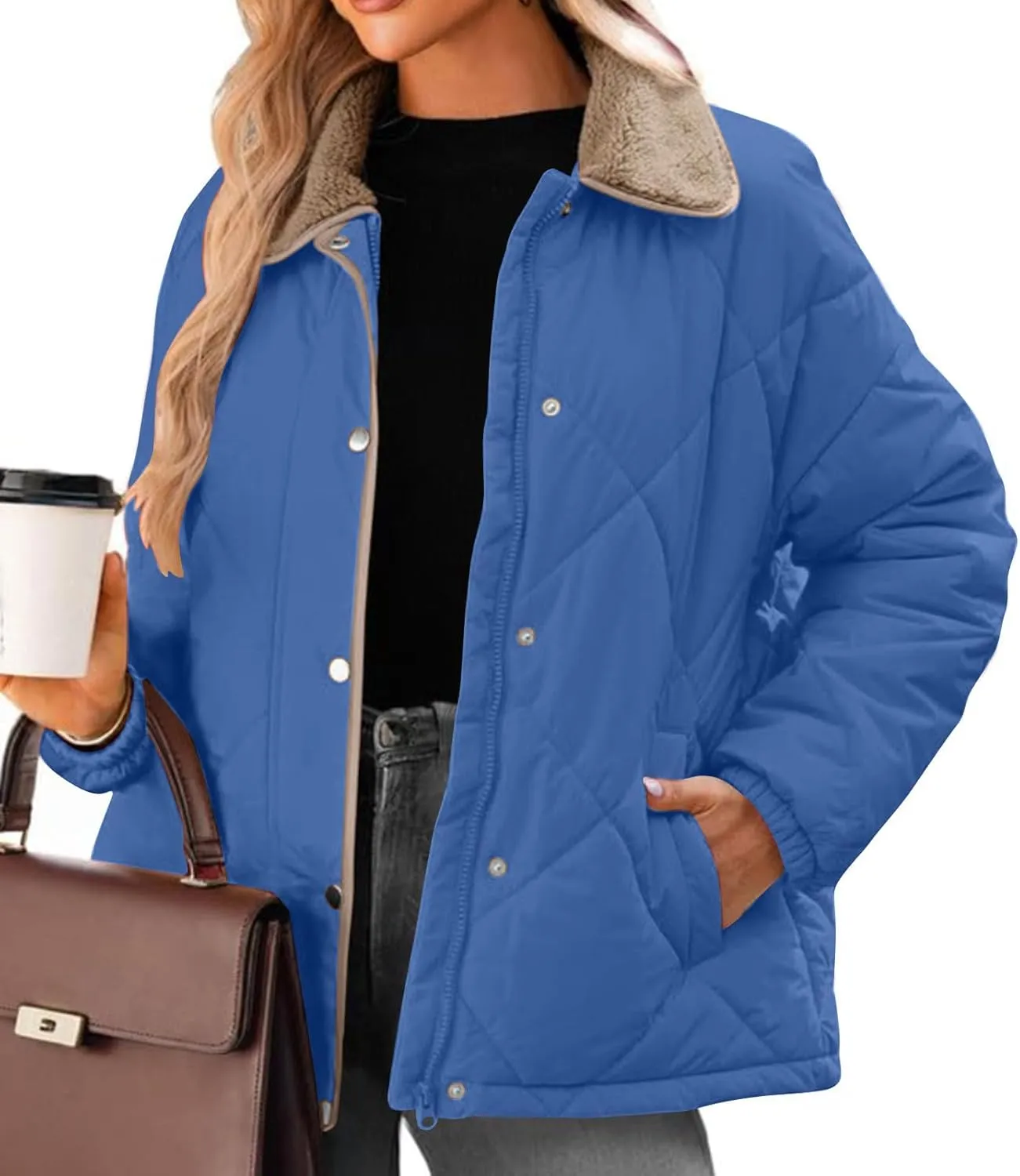 Womens Quilted Jackets Lightweight Fashion Fur Lapel Zip Button Long Sleeve Puffer Down Winter Warm Casual Jacket
