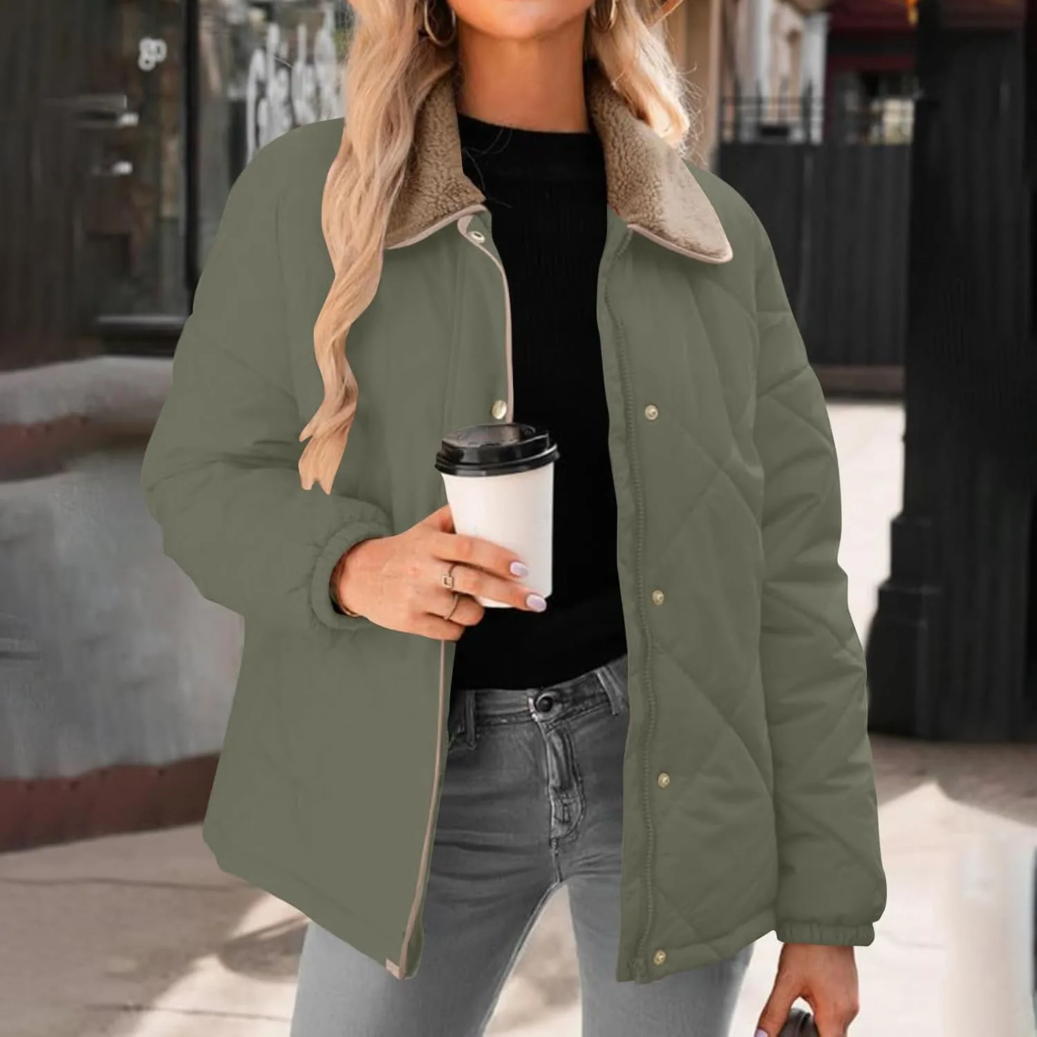 Womens Quilted Jackets Lightweight Fashion Fur Lapel Zip Button Long Sleeve Puffer Down Winter Warm Casual Jacket