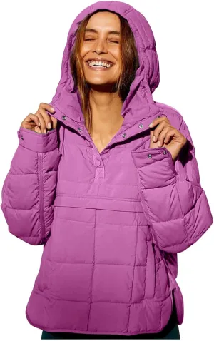Women's Quilted Pullover Puffer Jacket Oversized Long Hooded Coats Winter Warm Lightweight Outwear with Pocket
