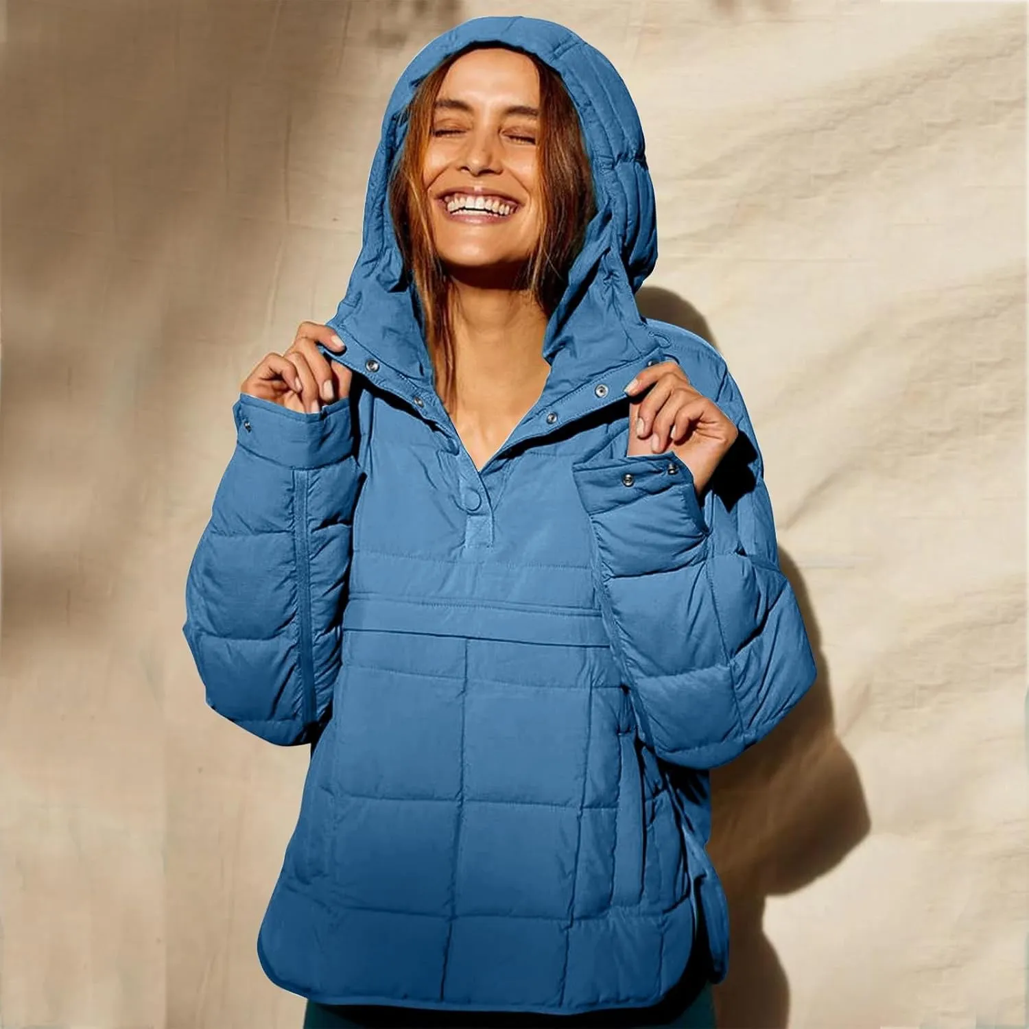 Women's Quilted Pullover Puffer Jacket Oversized Long Hooded Coats Winter Warm Lightweight Outwear with Pocket