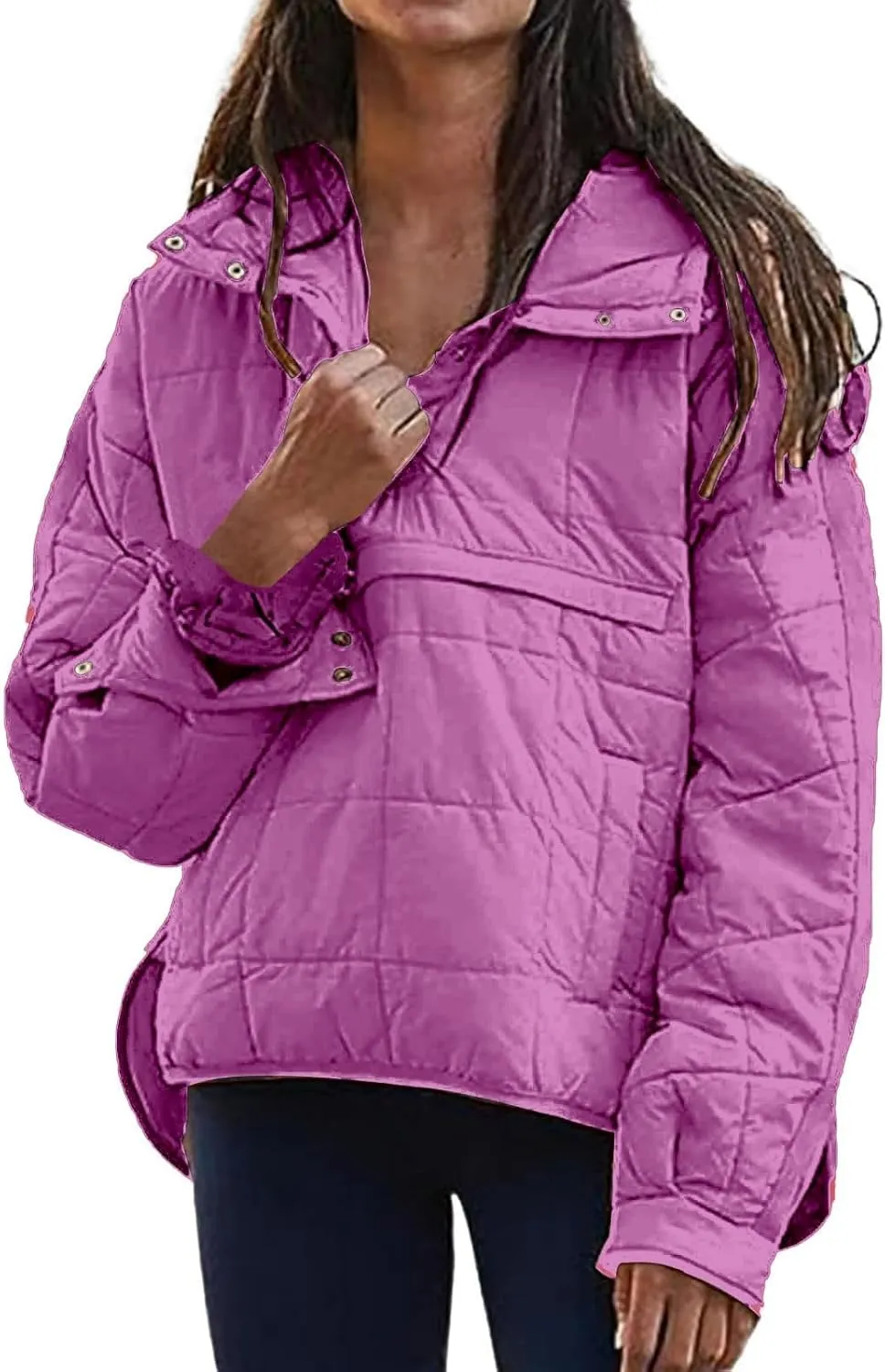 Women's Quilted Pullover Puffer Jacket Oversized Long Hooded Coats Winter Warm Lightweight Outwear with Pocket