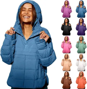 Women's Quilted Pullover Puffer Jacket Oversized Long Hooded Coats Winter Warm Lightweight Outwear with Pocket