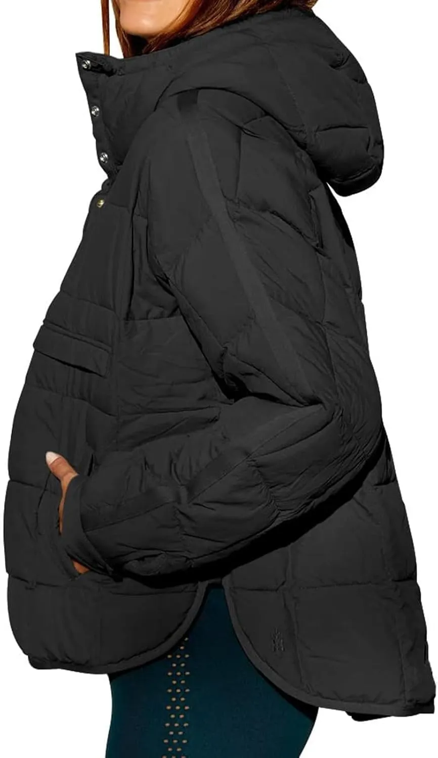Women's Quilted Pullover Puffer Jacket Oversized Long Hooded Coats Winter Warm Lightweight Outwear with Pocket