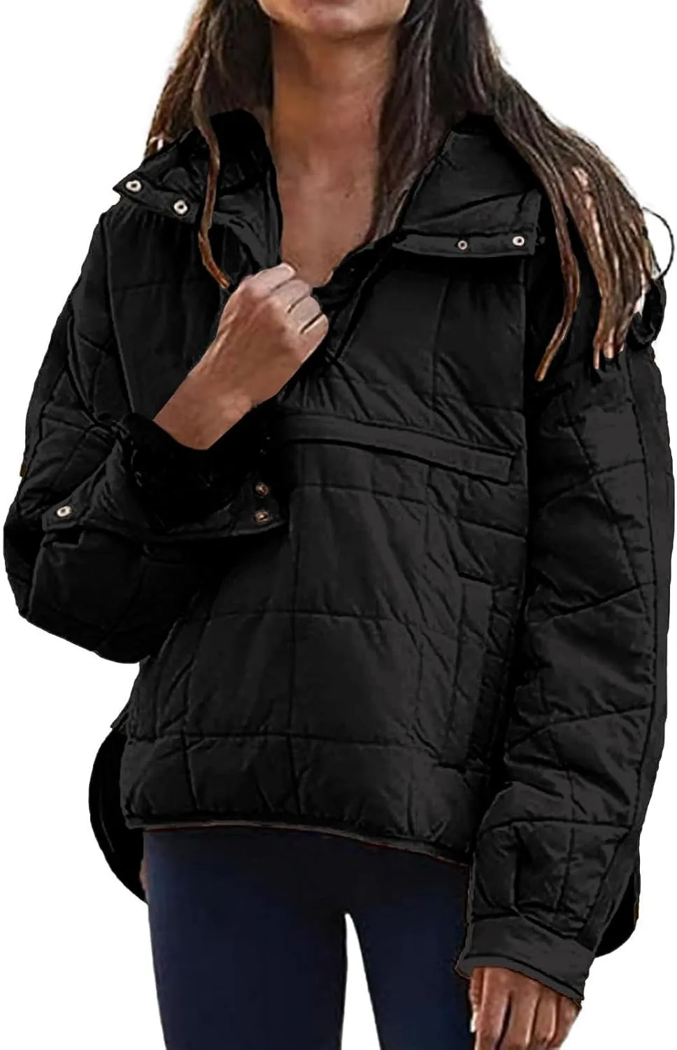 Women's Quilted Pullover Puffer Jacket Oversized Long Hooded Coats Winter Warm Lightweight Outwear with Pocket