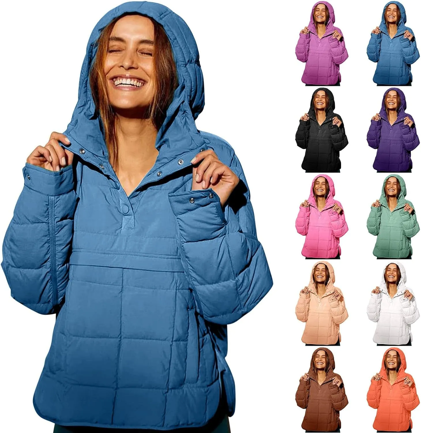 Women's Quilted Pullover Puffer Jacket Oversized Long Hooded Coats Winter Warm Lightweight Outwear with Pocket