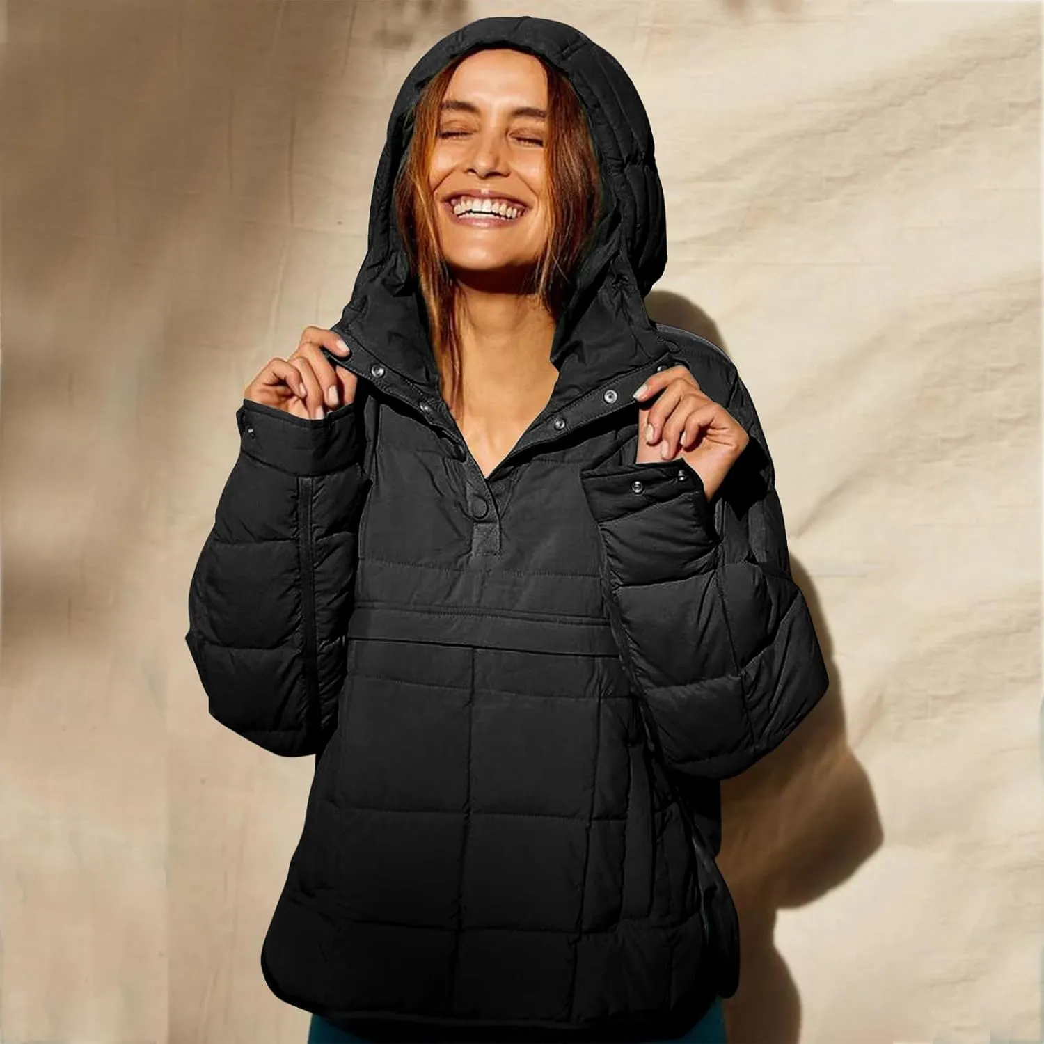Women's Quilted Pullover Puffer Jacket Oversized Long Hooded Coats Winter Warm Lightweight Outwear with Pocket
