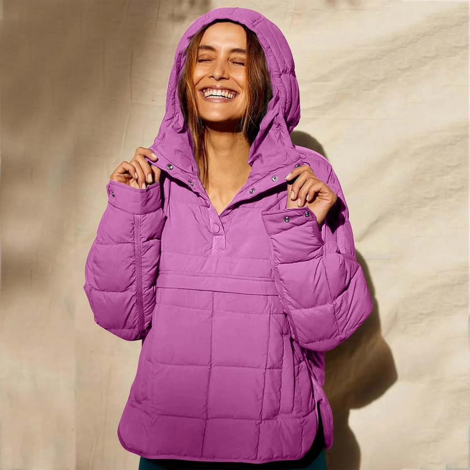 Women's Quilted Pullover Puffer Jacket Oversized Long Hooded Coats Winter Warm Lightweight Outwear with Pocket