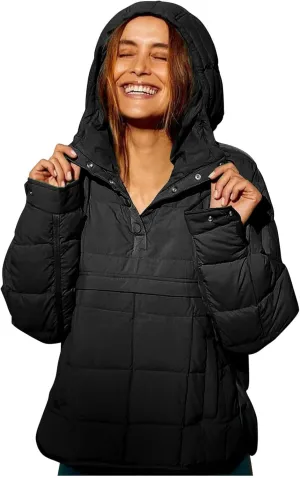 Women's Quilted Pullover Puffer Jacket Oversized Long Hooded Coats Winter Warm Lightweight Outwear with Pocket