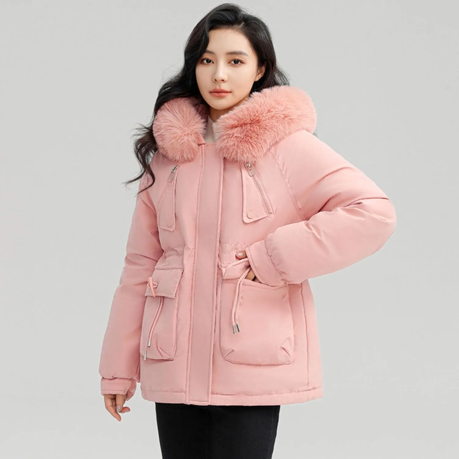 Women's Regular Fit Winter Cotton Jackets With Zipper Pockets Long Sleeve Full Zip Thickened Hooded Sweatshirt Coats