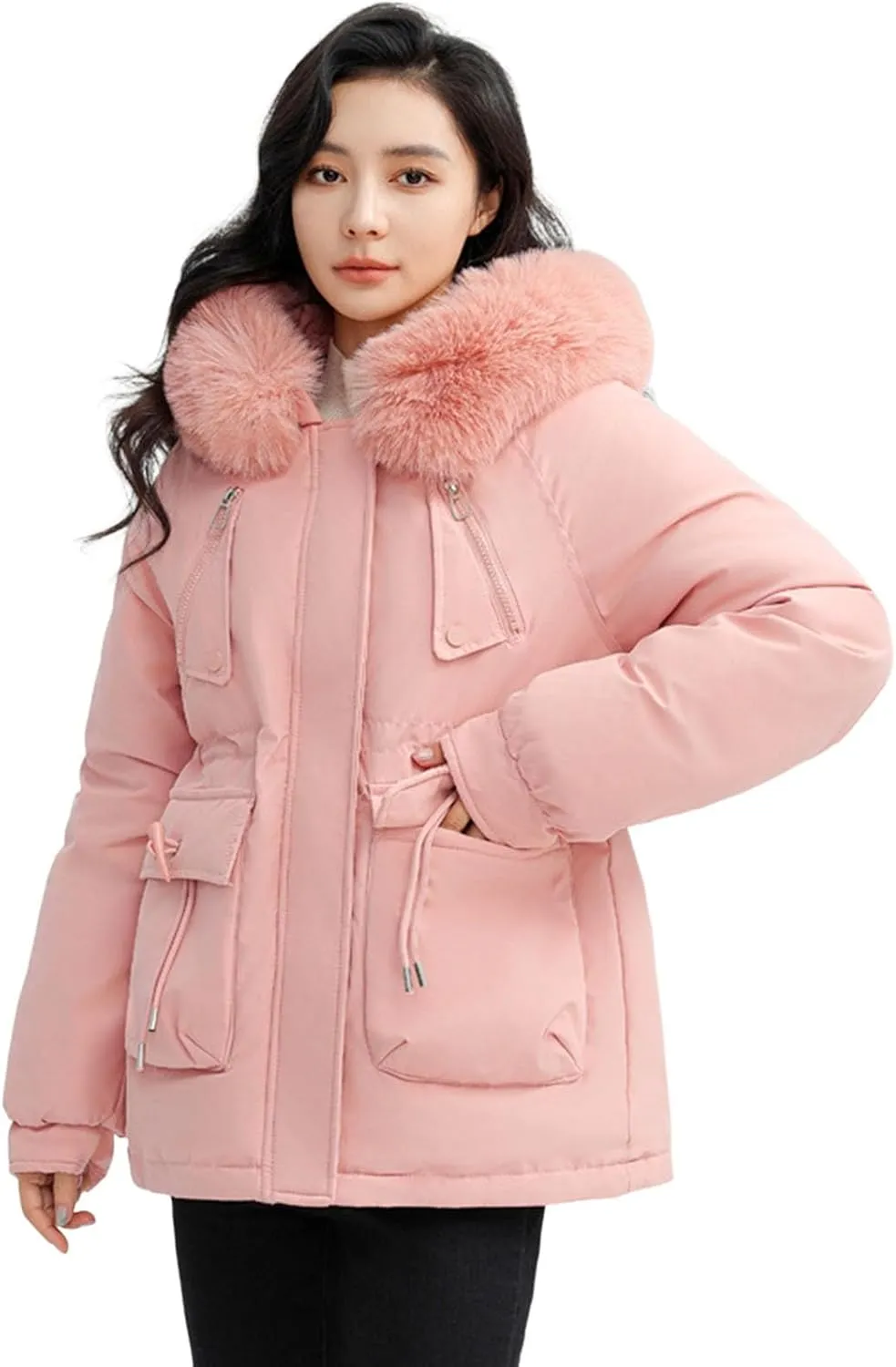 Women's Regular Fit Winter Cotton Jackets With Zipper Pockets Long Sleeve Full Zip Thickened Hooded Sweatshirt Coats