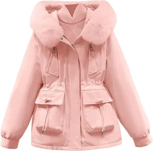 Women's Regular Fit Winter Cotton Jackets With Zipper Pockets Long Sleeve Full Zip Thickened Hooded Sweatshirt Coats