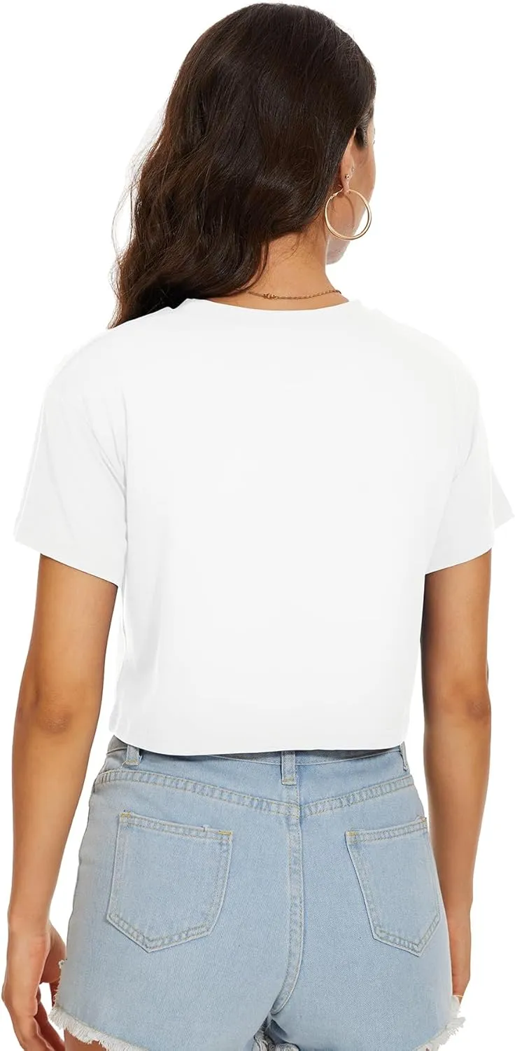 Womens Summer Crop Tops Short Sleeve Round Neck T-Shirts Loose Fit Casual Blouse