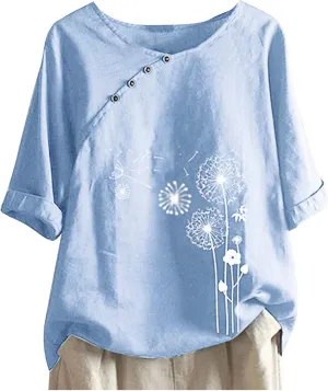 Women's Summer Tops Casual Cotton Linen T Shirts Short Sleeve Round Neck Shirt Oversized Floral Graphic Tees