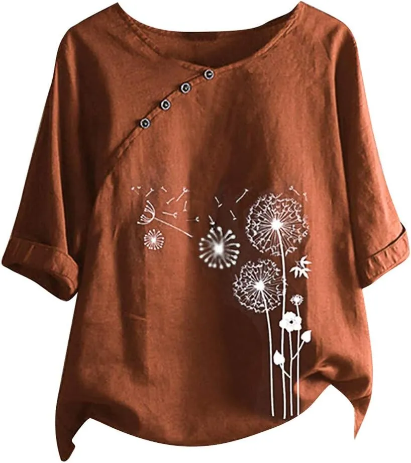 Women's Summer Tops Casual Cotton Linen T Shirts Short Sleeve Round Neck Shirt Oversized Floral Graphic Tees