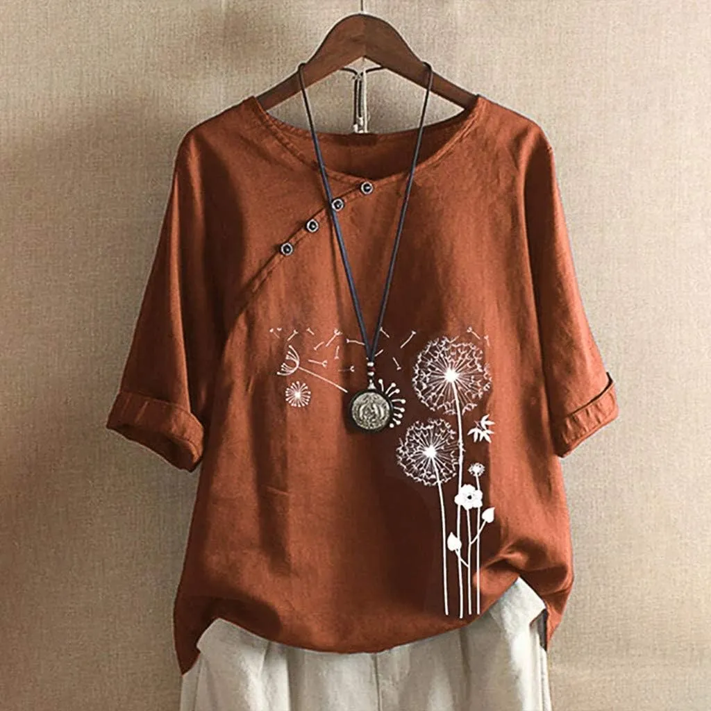 Women's Summer Tops Casual Cotton Linen T Shirts Short Sleeve Round Neck Shirt Oversized Floral Graphic Tees