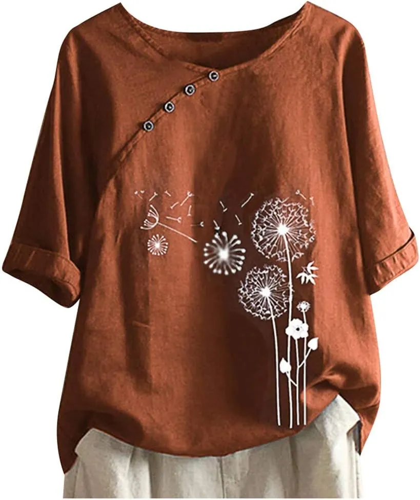 Women's Summer Tops Casual Cotton Linen T Shirts Short Sleeve Round Neck Shirt Oversized Floral Graphic Tees