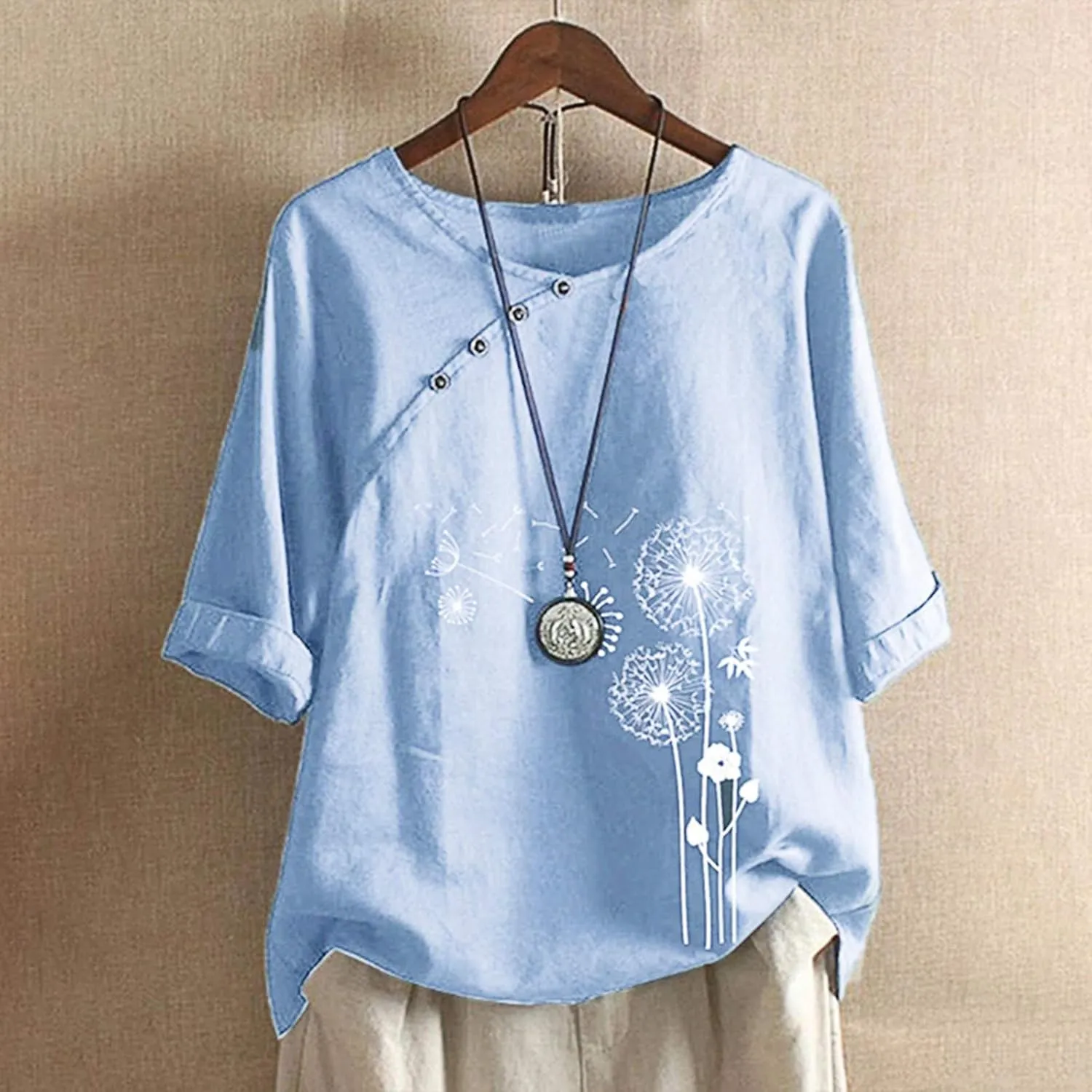 Women's Summer Tops Casual Cotton Linen T Shirts Short Sleeve Round Neck Shirt Oversized Floral Graphic Tees