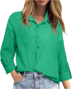 Women's Summer Tops Dressy Casual V Neck Short Sleeve Button Up Hollow Out Eyelet Lace Embroidered Blouses Shirts