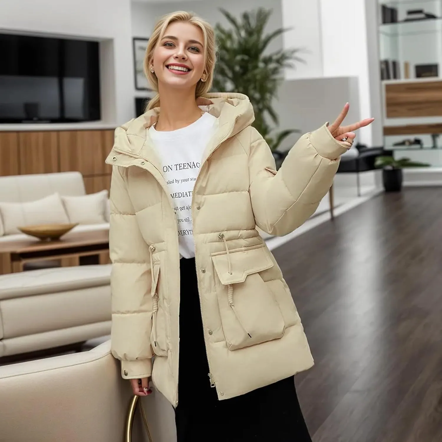 Women's Thickened Down Jacket Warm Winter Hooded Mid-Length Puffy Packable Jacket Puffer Down Coat Christmas Gifts