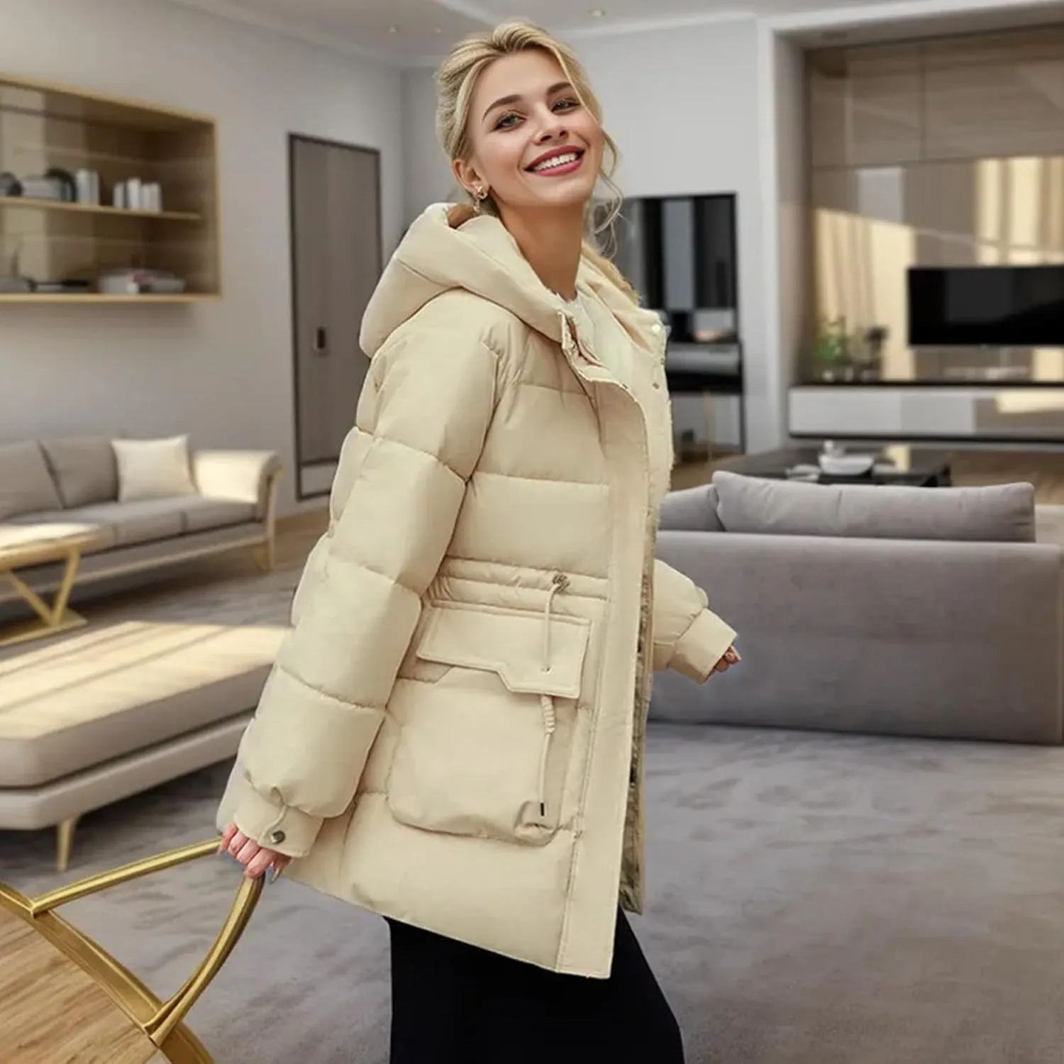 Women's Thickened Down Jacket Warm Winter Hooded Mid-Length Puffy Packable Jacket Puffer Down Coat Christmas Gifts