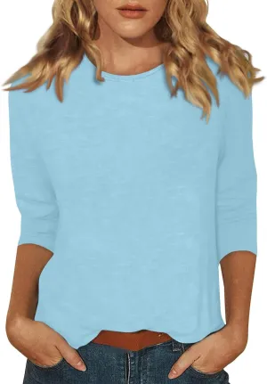 Womens Tops 3/4 Sleeve Round Neck Loose Casual Blouses Floral Print Shirts