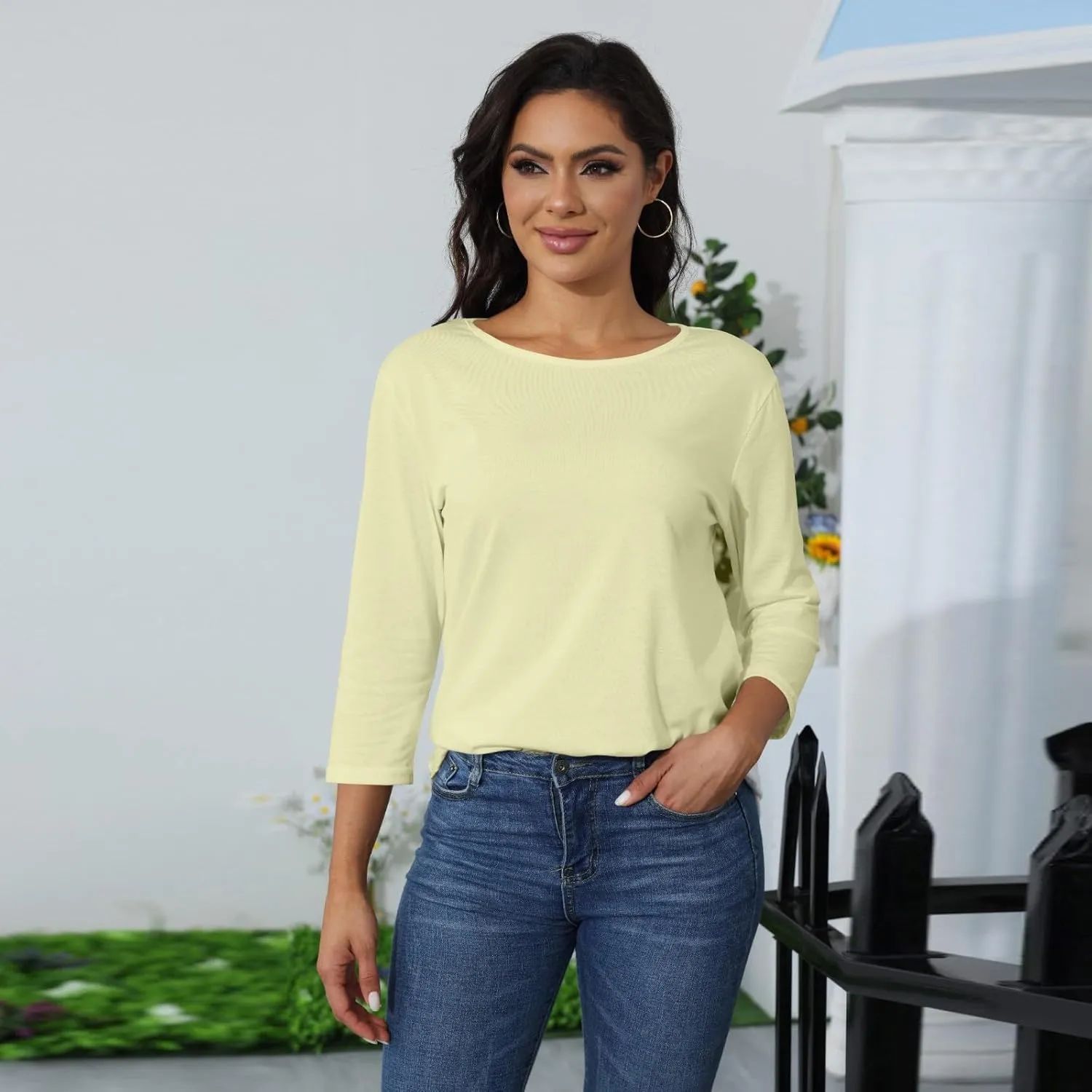 Womens Tops 3/4 Sleeve Round Neck Loose Casual Blouses Floral Print Shirts