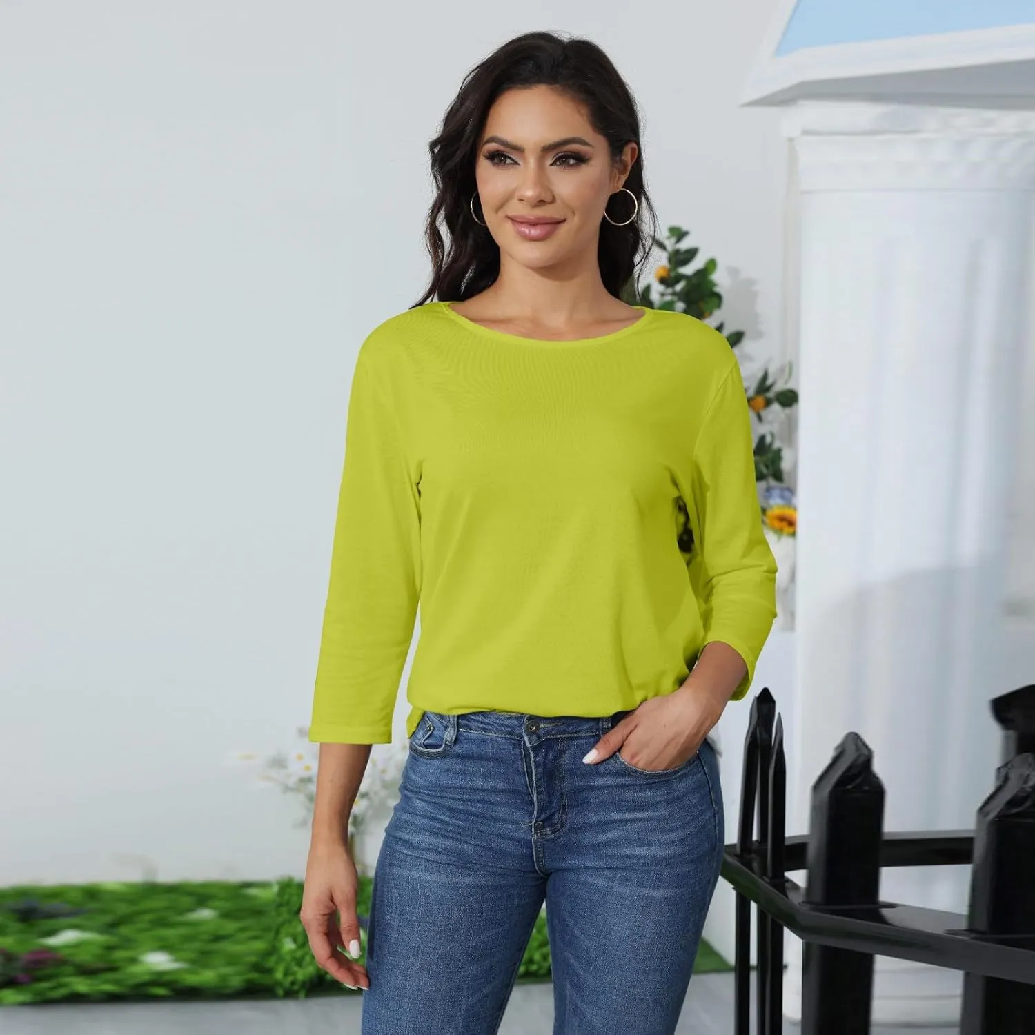 Womens Tops 3/4 Sleeve Round Neck Loose Casual Blouses Floral Print Shirts