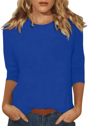Womens Tops 3/4 Sleeve Round Neck Loose Casual Blouses Floral Print Shirts