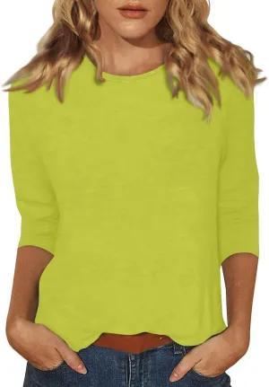 Womens Tops 3/4 Sleeve Round Neck Loose Casual Blouses Floral Print Shirts
