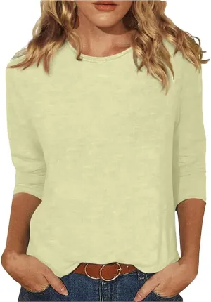 Womens Tops 3/4 Sleeve Round Neck Loose Casual Blouses Floral Print Shirts