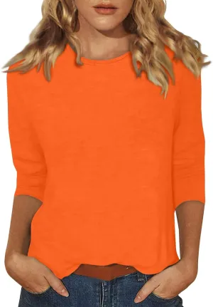 Womens Tops 3/4 Sleeve Round Neck Loose Casual Blouses Floral Print Shirts
