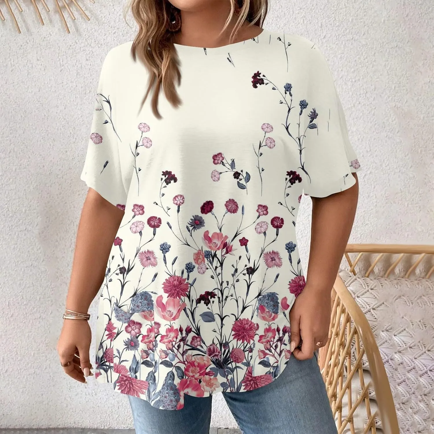 Womens Tops Women's Oversized T Shirts Summer Short Sleeve Loose Fit Casual Crewneck Print Tunic Tops with Pockets