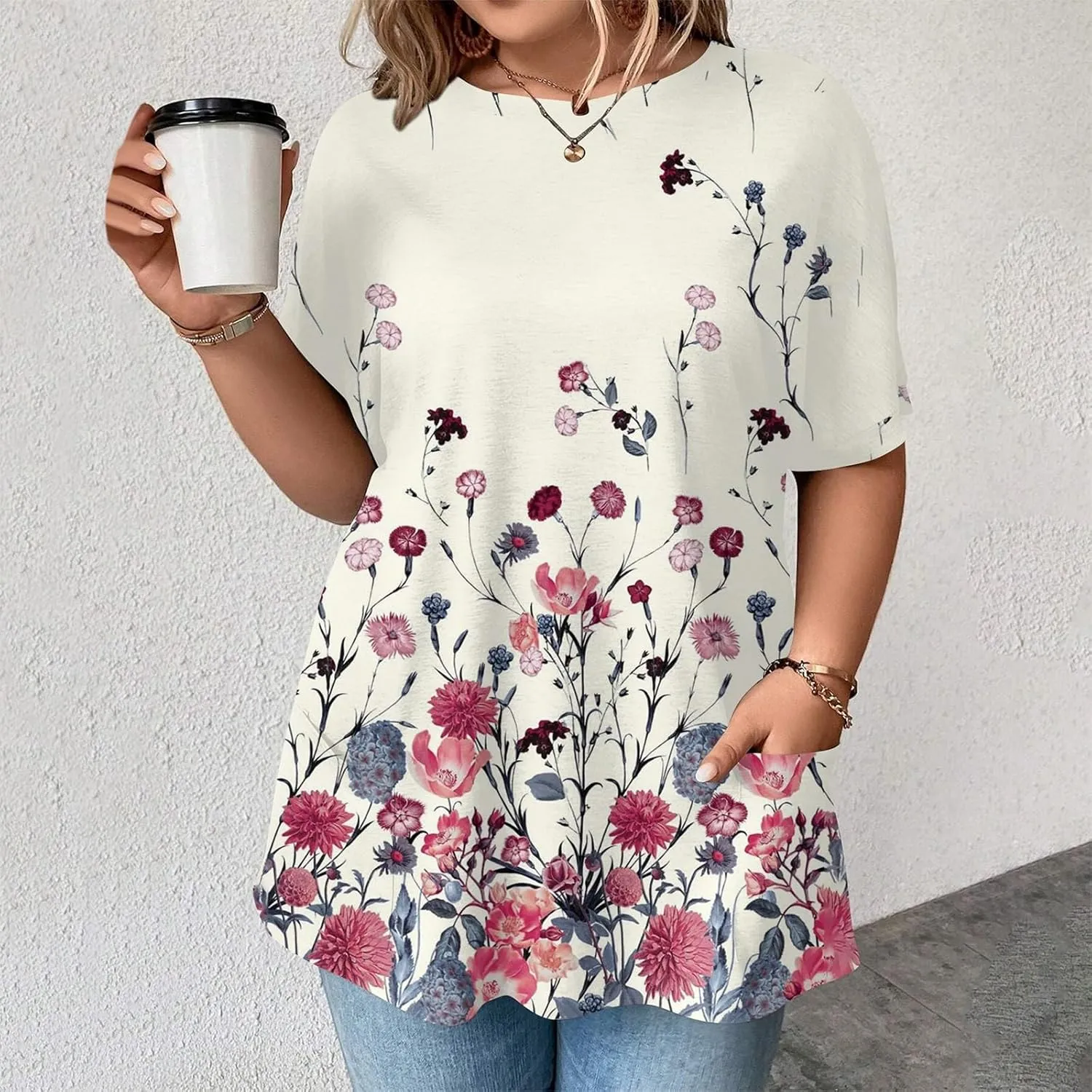 Womens Tops Women's Oversized T Shirts Summer Short Sleeve Loose Fit Casual Crewneck Print Tunic Tops with Pockets