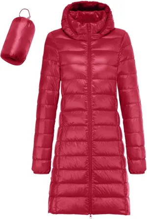 Women's Warm Lightweight Long Down Jacket Warm Quilted Puffer Coat with Hood Removable